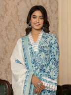 Yufta Light Blue Floral Print Straight Pakistani Style Kurta Trouser And Dupatta Set