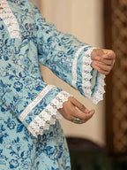 Yufta Light Blue Floral Print Straight Pakistani Style Kurta Trouser And Dupatta Set