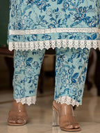 Yufta Light Blue Floral Print Straight Pakistani Style Kurta Trouser And Dupatta Set
