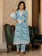Yufta Light Blue Floral Print Straight Pakistani Style Kurta Trouser And Dupatta Set