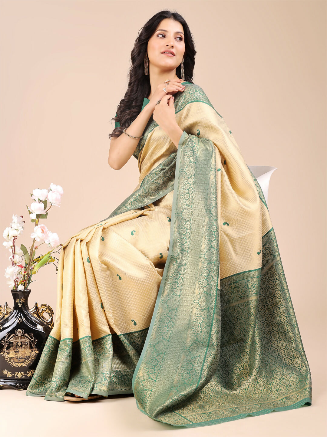 Shree Shyam Fashion Aura Silk Cream Green Banarasi Silk Saree