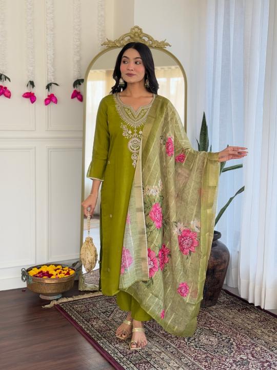 The52 Women's Viscose Embroidery work Straight Kurta with Pant and Dupatta Set - Distacart