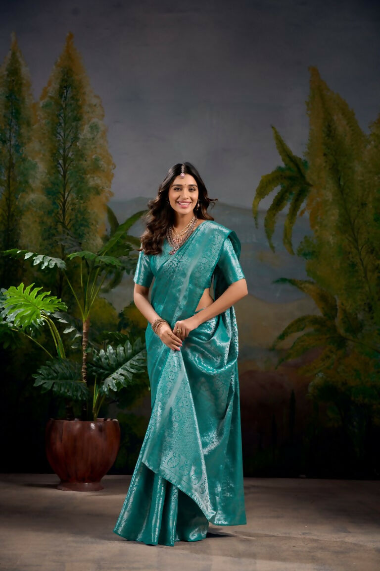 Vastranavya Firozi Kanjivaram Zari Weaving Work Saree with Unstitched Blouse