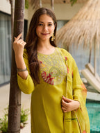 The52 Women Embroidered Rayon Fabric Straight Kurta, Pant and Dupatta Set - Distacart