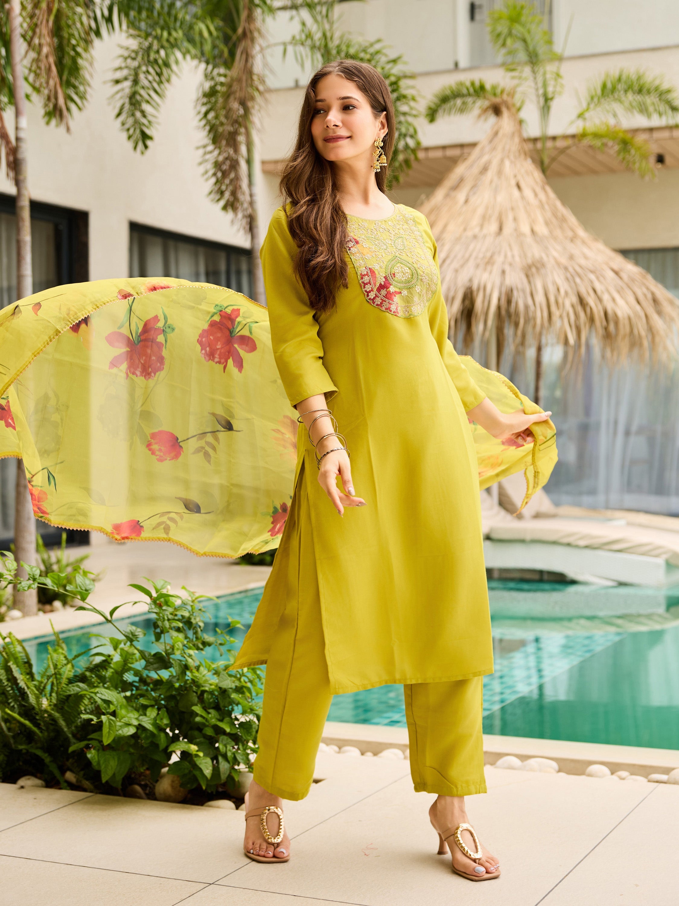 The52 Women Embroidered Rayon Fabric Straight Kurta, Pant and Dupatta Set - Distacart