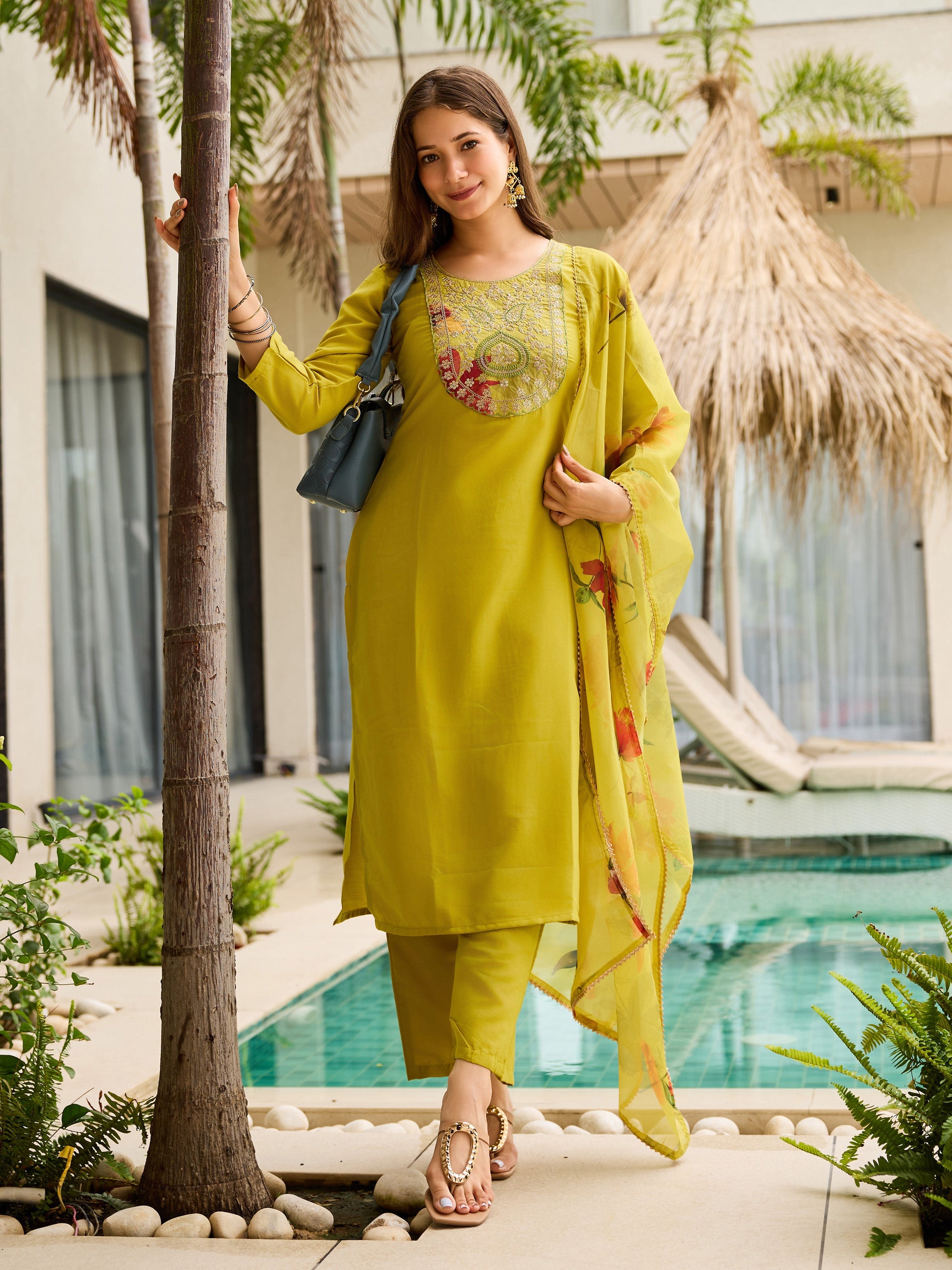 The52 Women Embroidered Rayon Fabric Straight Kurta, Pant and Dupatta Set - Distacart