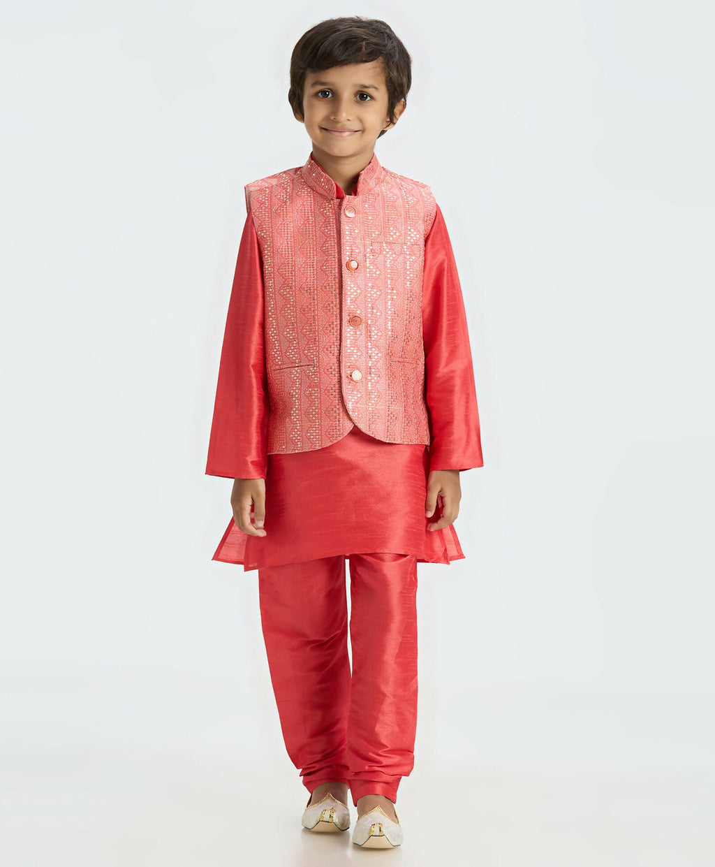 Joban Fashion Kids Island Sequence work Nehru Jacket Full Sleeves Kurta, Pajama Set - Tomato Red - Distacart