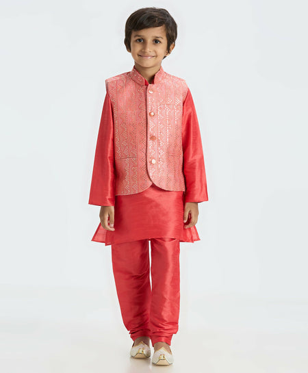 Joban Fashion Kids Island Sequence work Nehru Jacket Full Sleeves Kurta, Pajama Set - Tomato Red