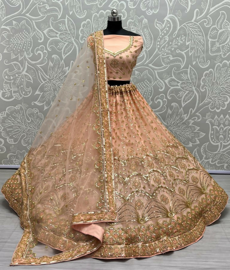 Jyoti Fashion Women's Peach Bridal Net Fancy Sequins with Multi Thread Embroidered & Handwork Wedding Lehenga Choli