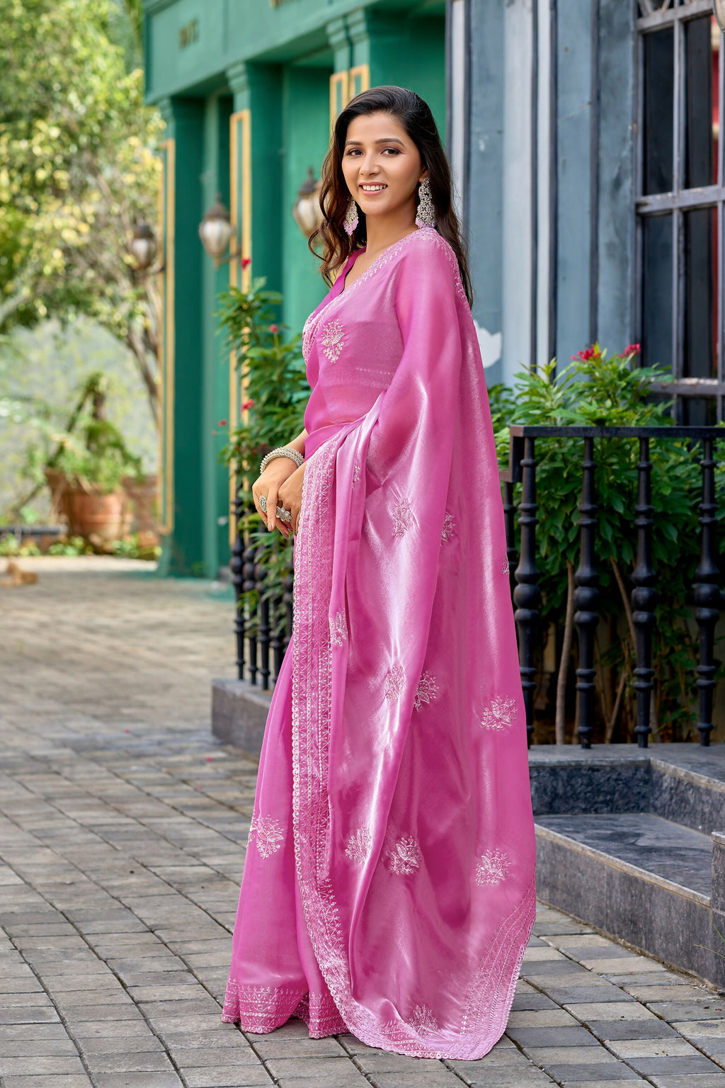 Vastranavya Baby Pink Embroidery Work Shimmer Chiffon Saree with Unstitched Blouse - Distacart