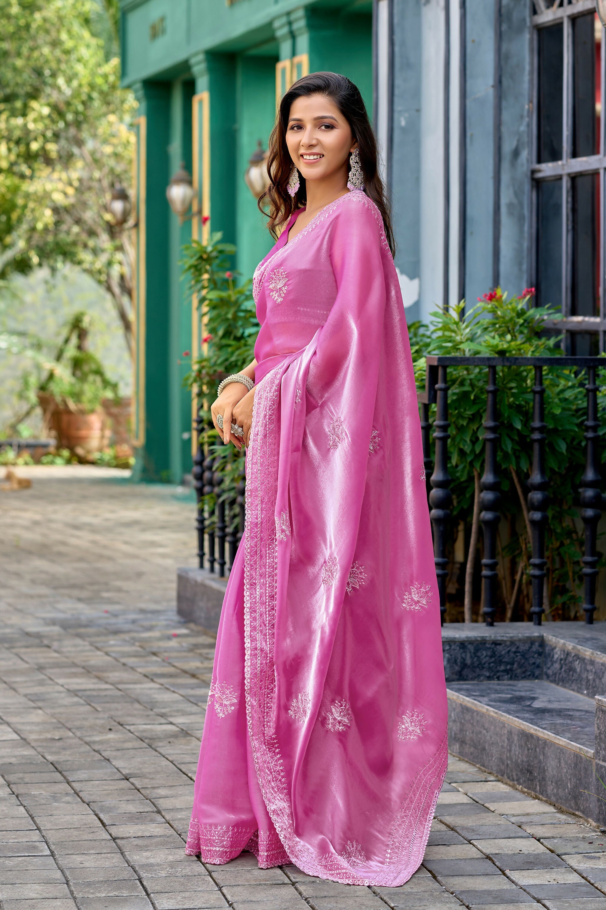 Vastranavya Baby Pink Embroidery Work Shimmer Chiffon Saree with Unstitched Blouse - Distacart