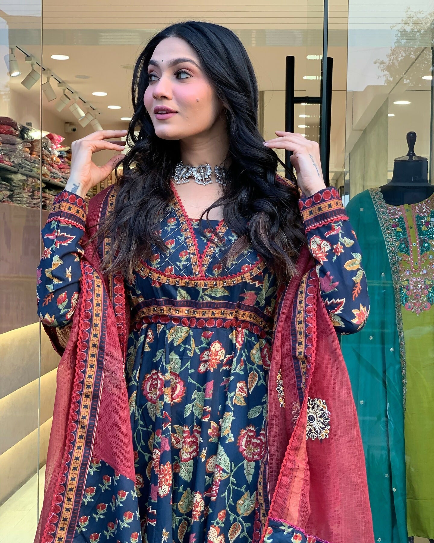 The52 Women's Beautiful Cotton Fabric Printed Work Flared Kurta Palazzo and Dupatta Set - Distacart