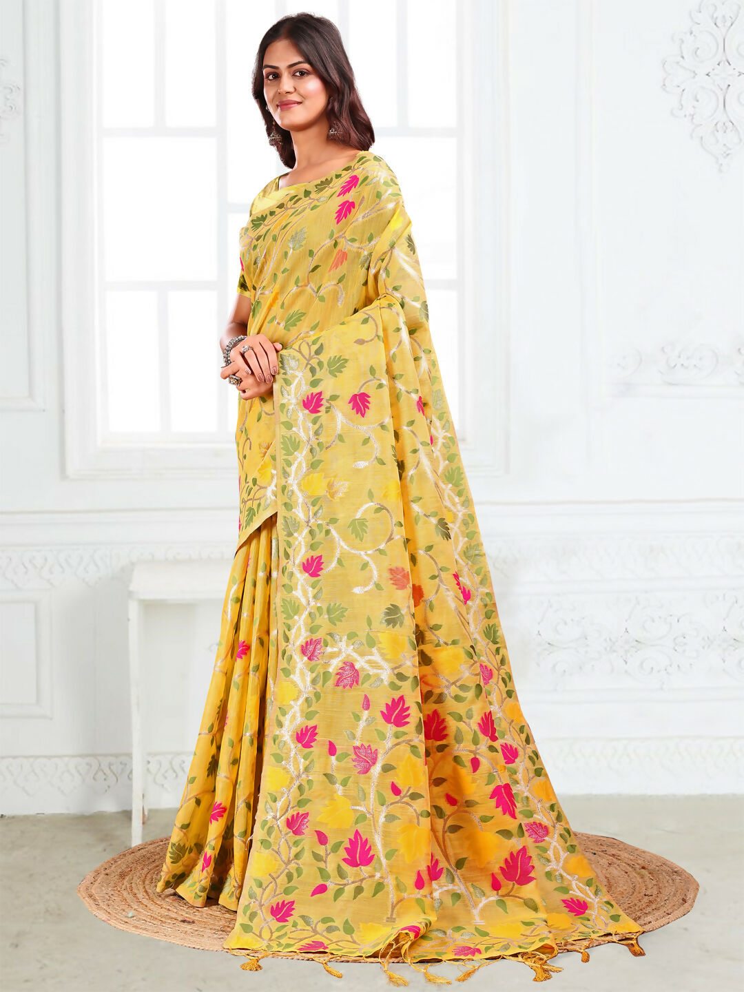 Shree Shyam Fashion Linen Cotton Yellow Saree - Distacart