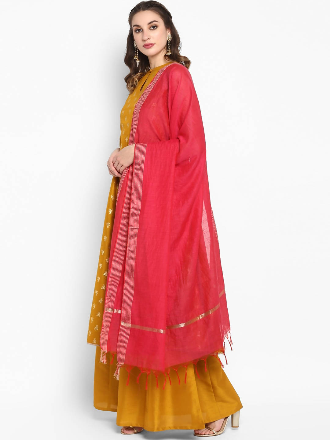 Janasya Mustard Yellow Printed Kurta with Palazzos & Dupatta - Distacart