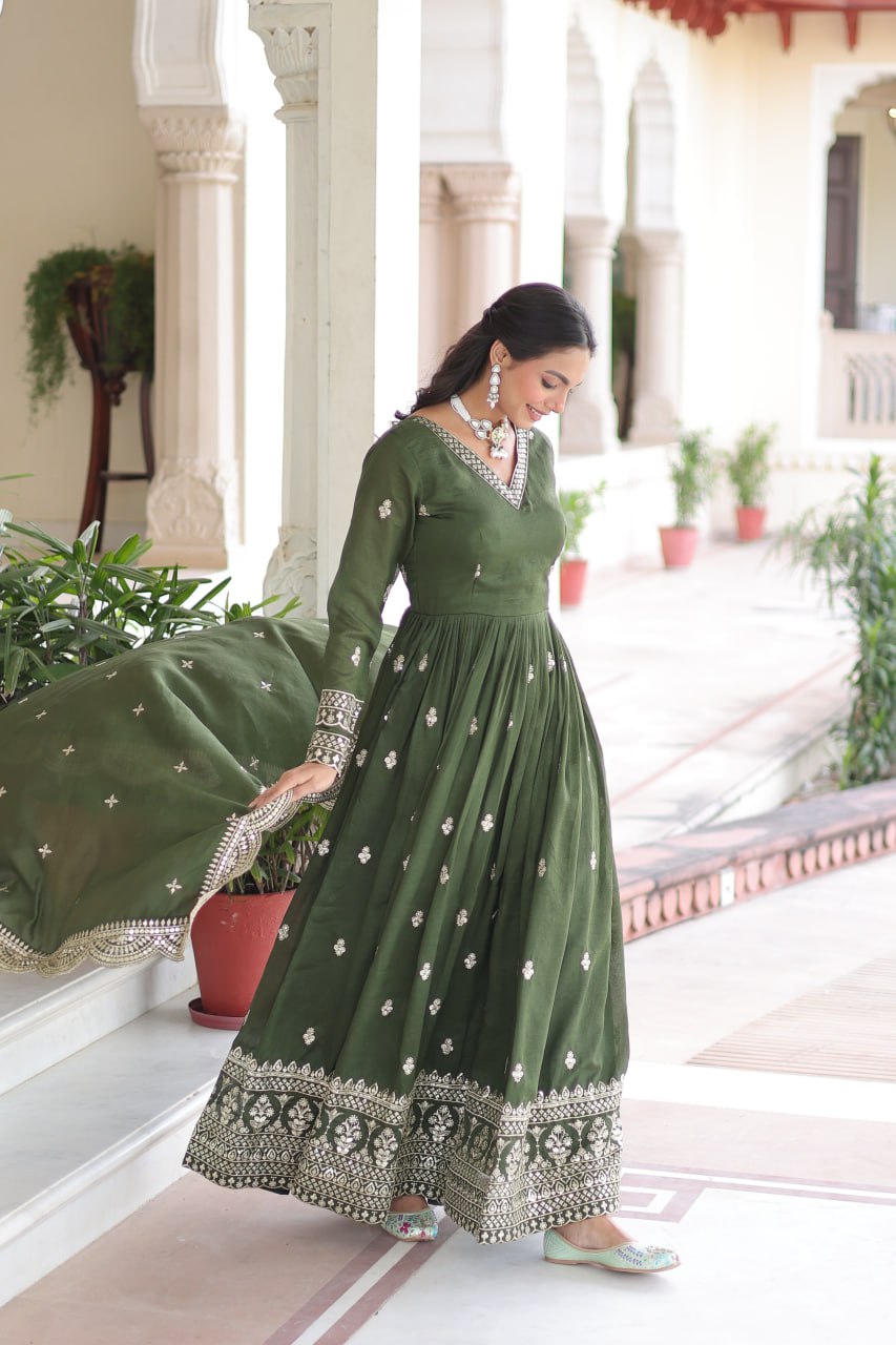 Lehenga Mart Premium Readymade Gown With Dupatta Set For Women-Mehendi Green - Distacart