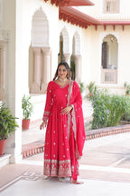 Lehenga Mart Premium Readymade Gown With Dupatta Set For Women-Rani Pink - Distacart