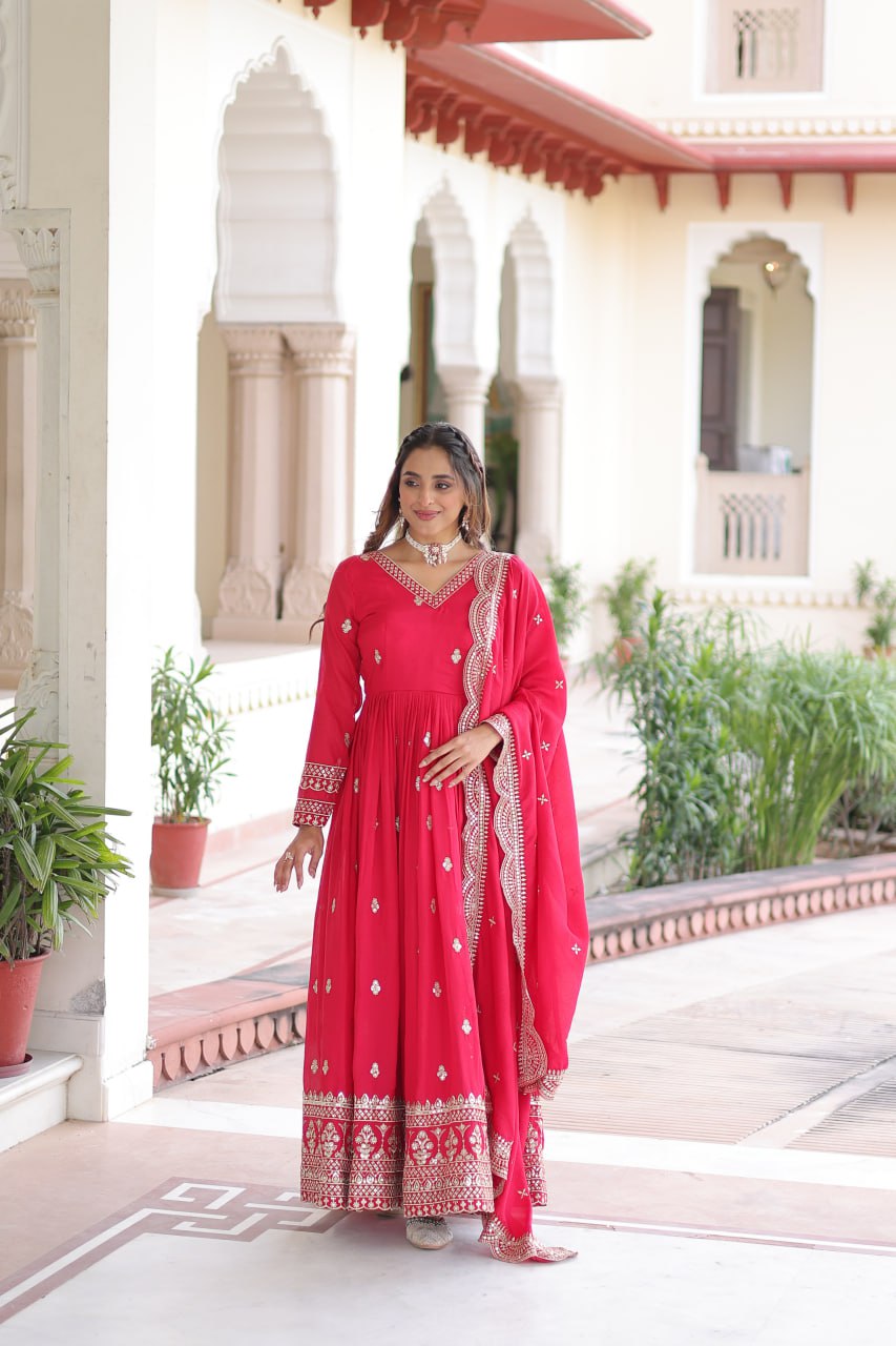 Lehenga Mart Premium Readymade Gown With Dupatta Set For Women-Rani Pink - Distacart