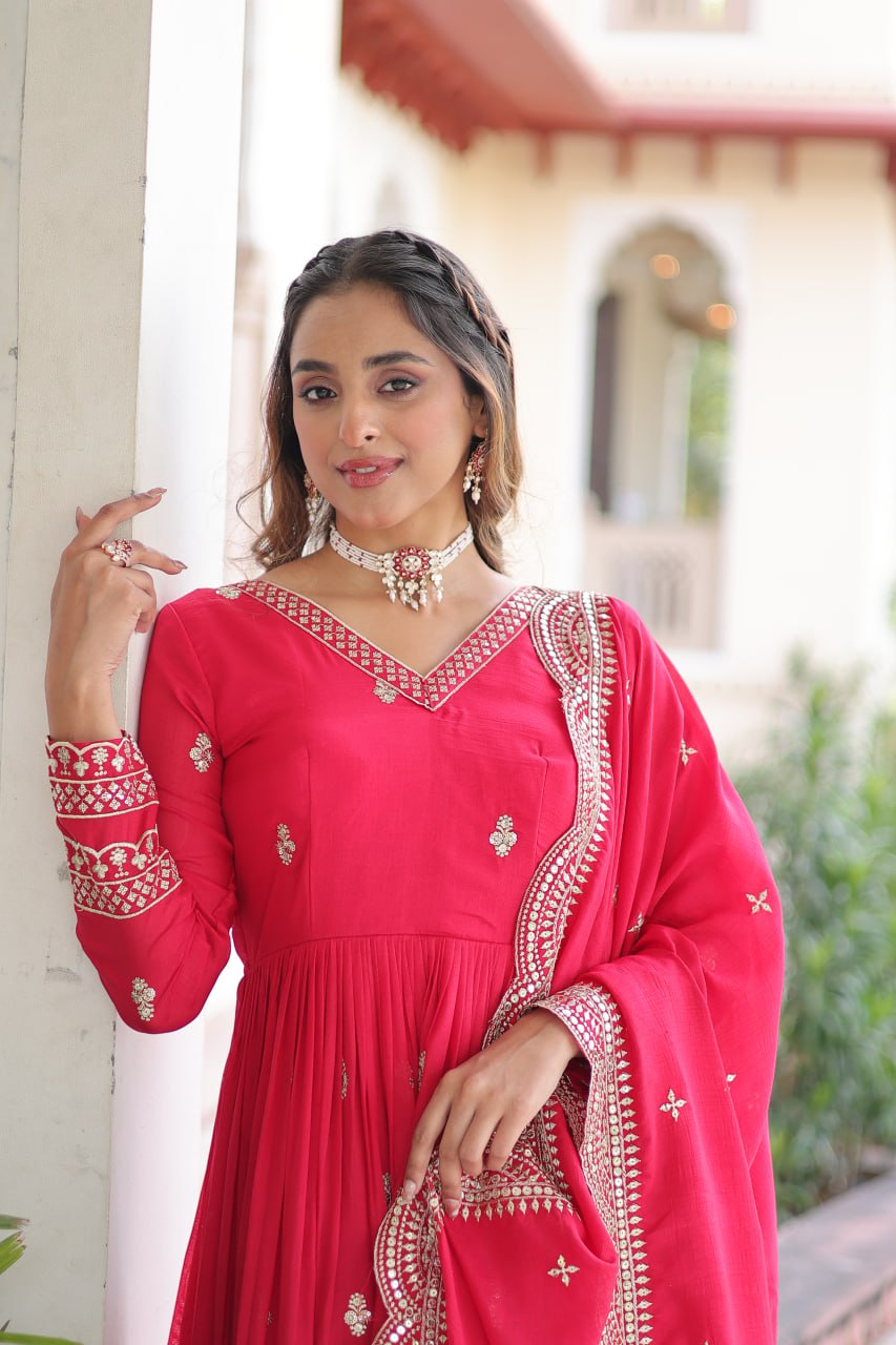 Lehenga Mart Premium Readymade Gown With Dupatta Set For Women-Rani Pink - Distacart