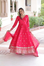 Lehenga Mart Premium Readymade Gown With Dupatta Set For Women-Rani Pink - Distacart