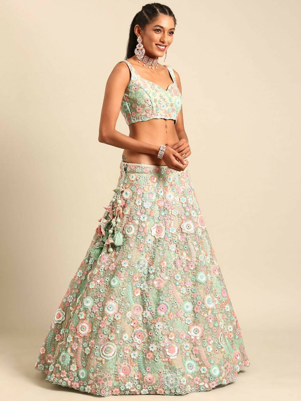 House of Panchhi Lime Green Net Sequins, Mirror and thread embroidery Lehenga choli & Dupatta