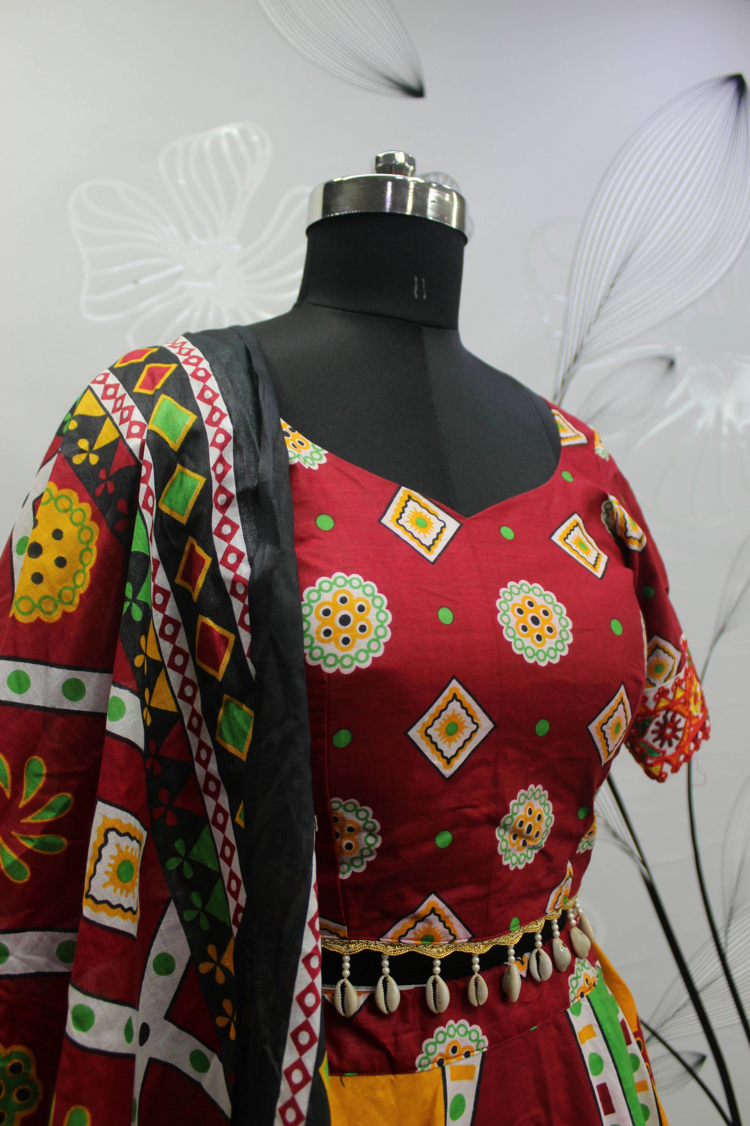 Multi Color Pure Cotton Hand Block Print Navratri Lehenga Choli with Dupatta - Raas