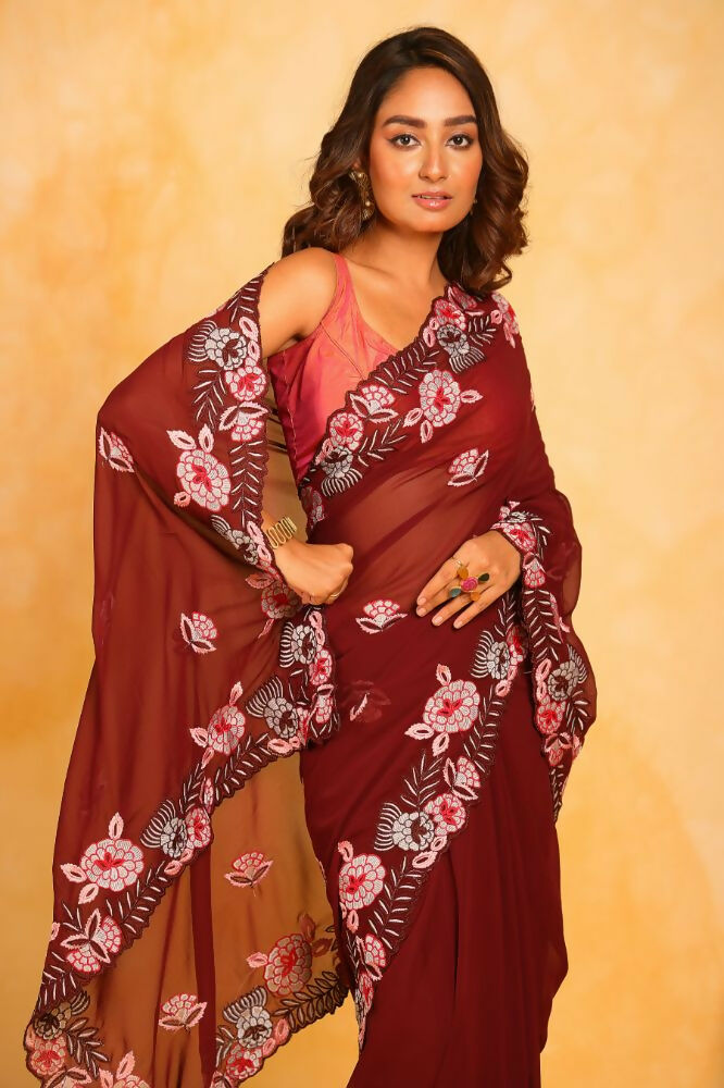 Vamsee Annie Maroon Georgette Silk Saree