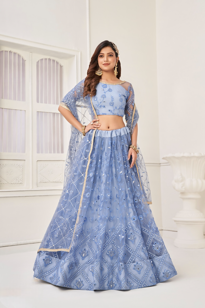 Eilara Women'S Blue Butterfly Net With Sequins And Embroidery Work Lehenga Choli For Party Wear