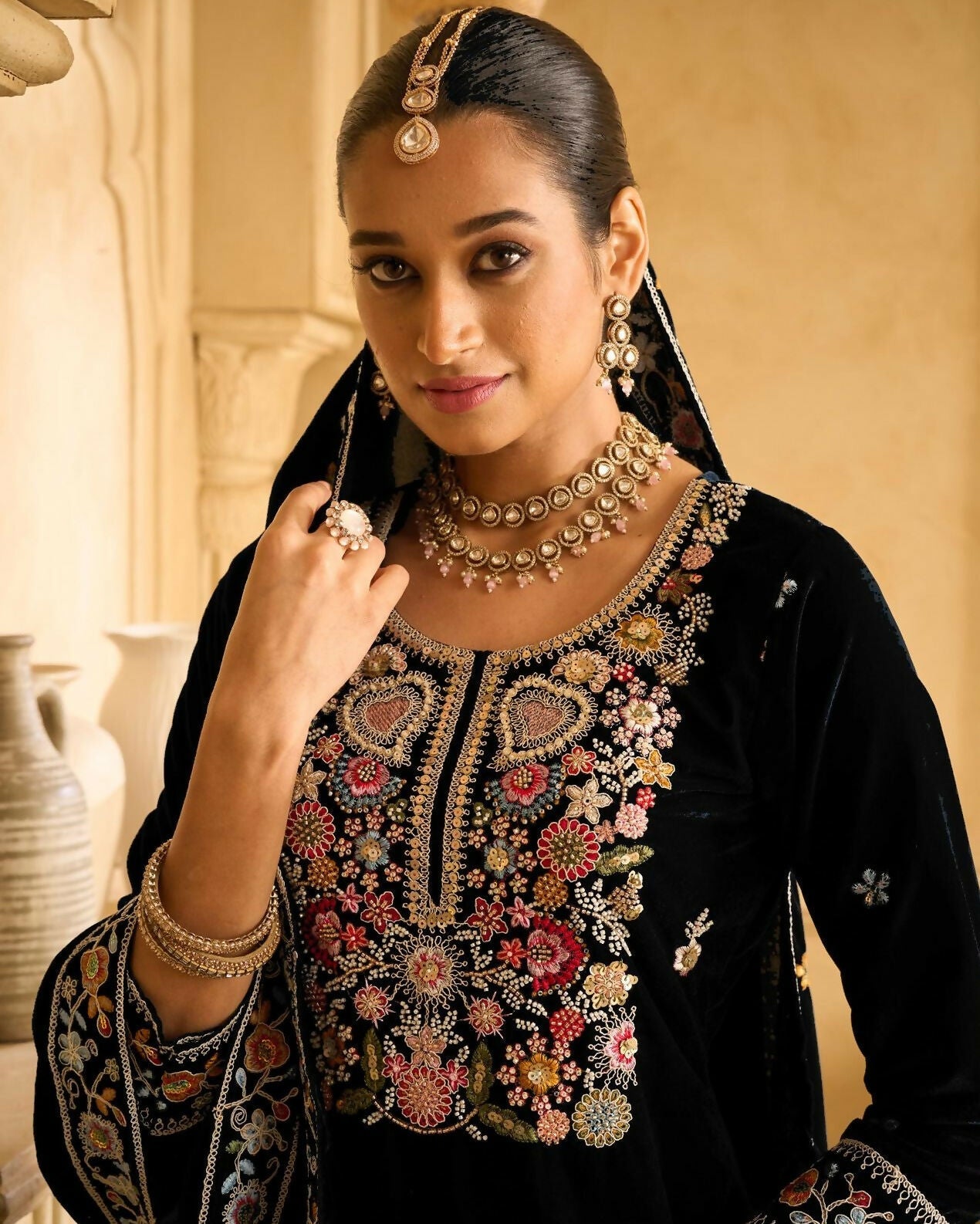 Anaita Black Embroidered Velvet Stitched Plazo Suit - Distacart