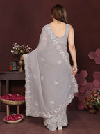 PR Fashion Grey Georgette Embroidery Work With Embroidery Work Blouse Saree