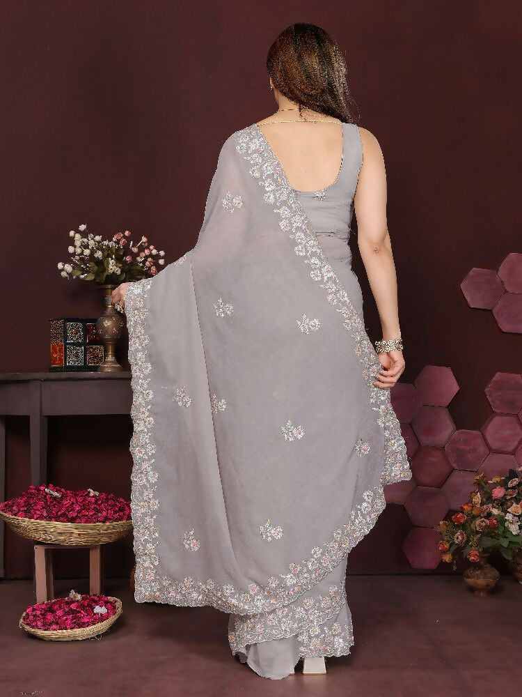 PR Fashion Grey Georgette Embroidery Work With Embroidery Work Blouse Saree