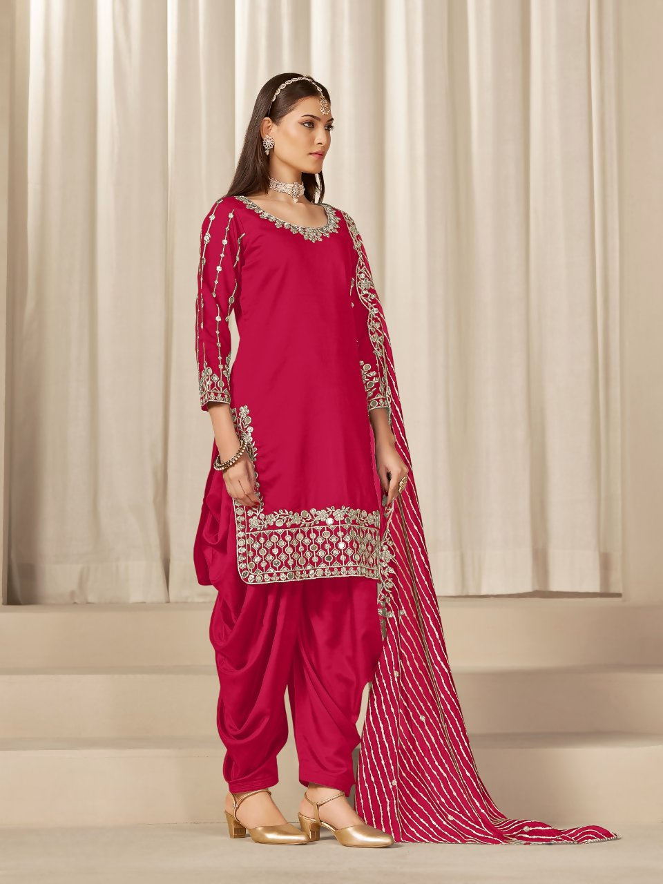 Anaita Red Roman Silk Stitched Suit with Embroidery & Real Mirror Work - Distacart