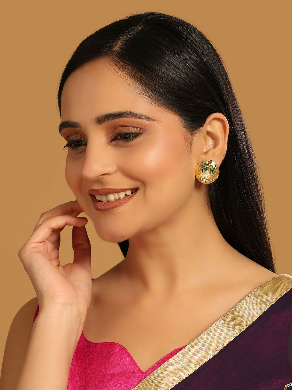 Nuyug 22K Gold-Plated Faux Emerald Stones Studded Circular Floral Shaped Motif Studs - Distacart