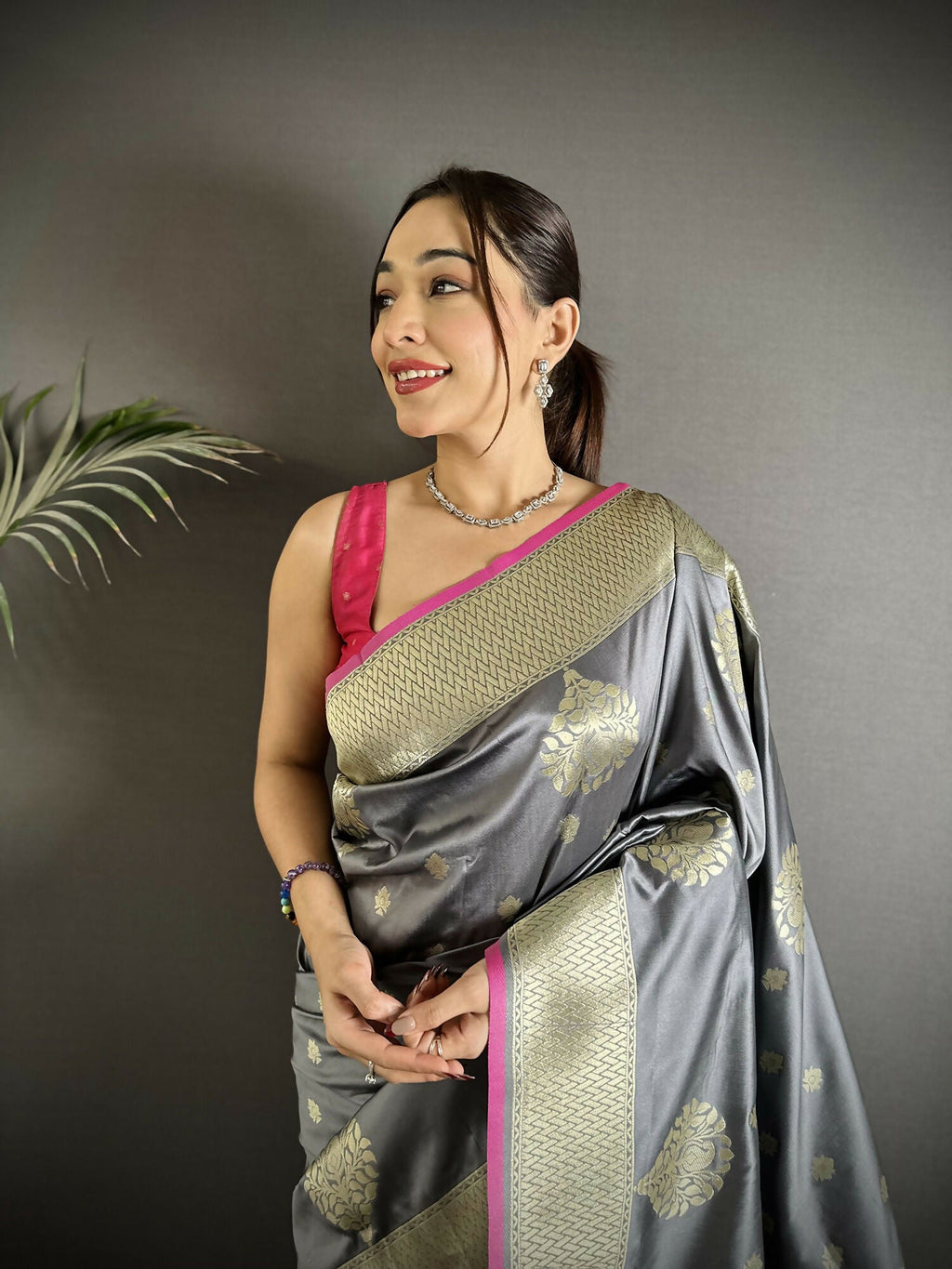 Joban Fashion Grey Woven Butti Soft Silk Banarasi Silk Saree - Distacart