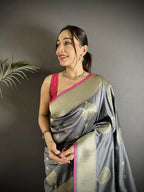 Joban Fashion Grey Woven Butti Soft Silk Banarasi Silk Saree - Distacart