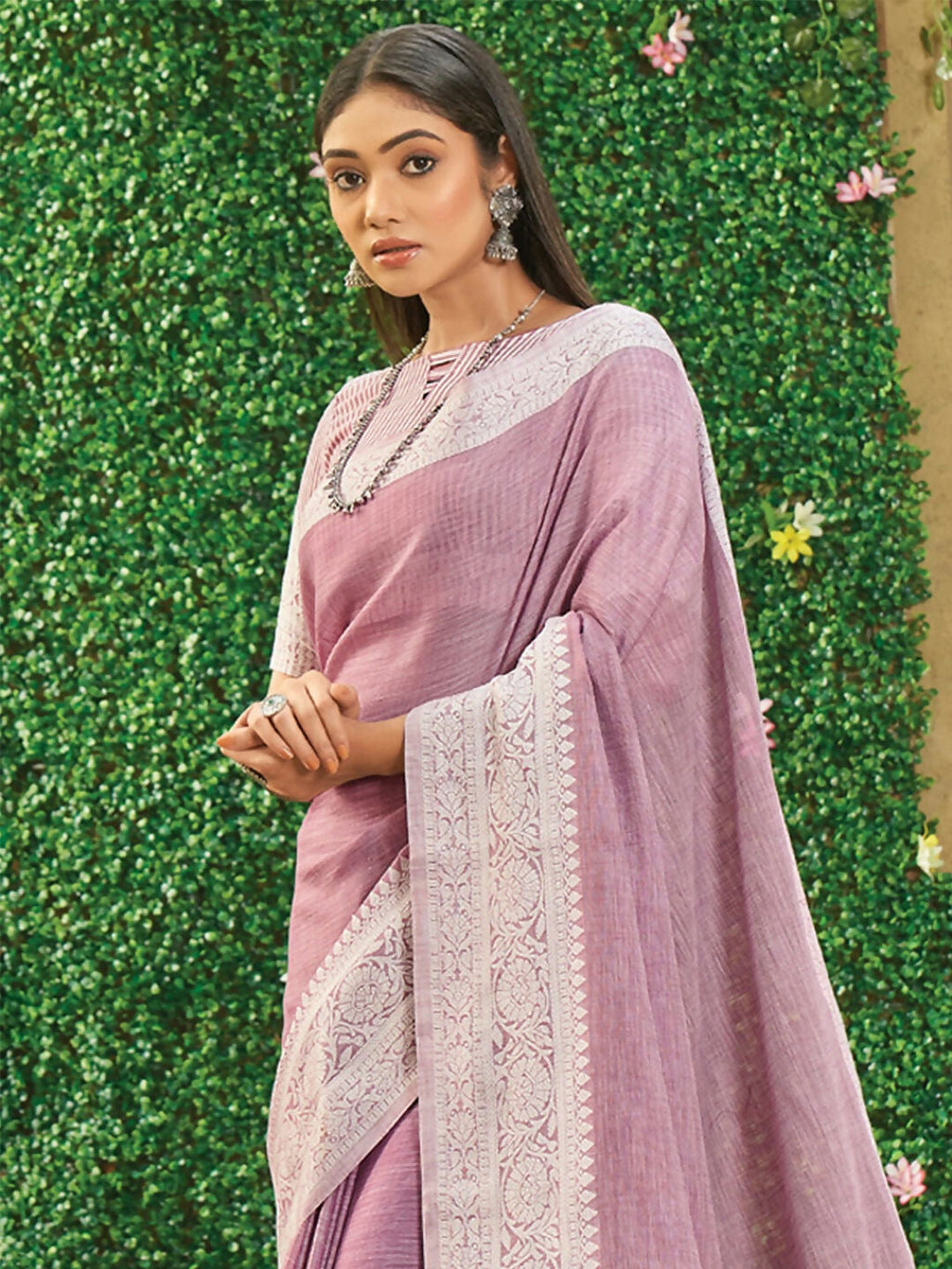Shree Shyam Fashion Onion Pink Linen Saree - Distacart