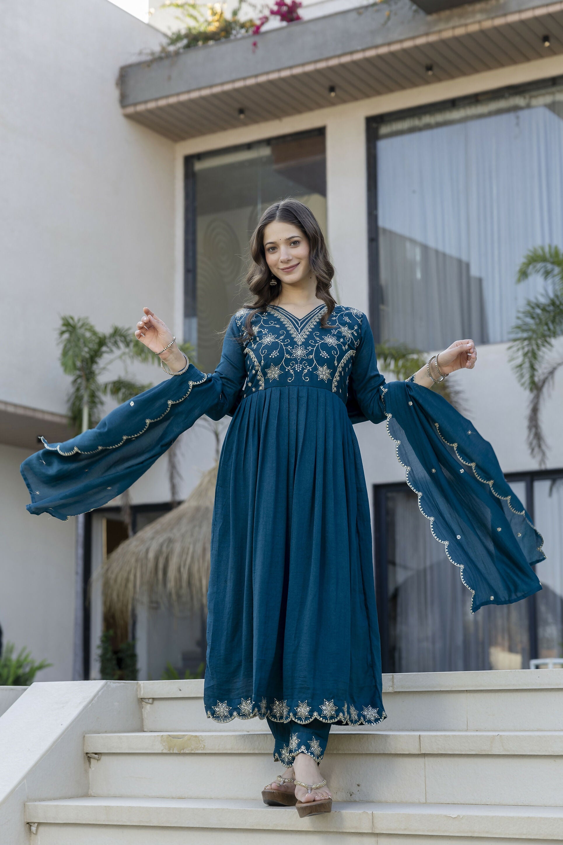 The52 Women's Beautiful Embroidery Work Vichitra Silk Fabric Flared Anarkali Pant and Dupatta Set - Distacart