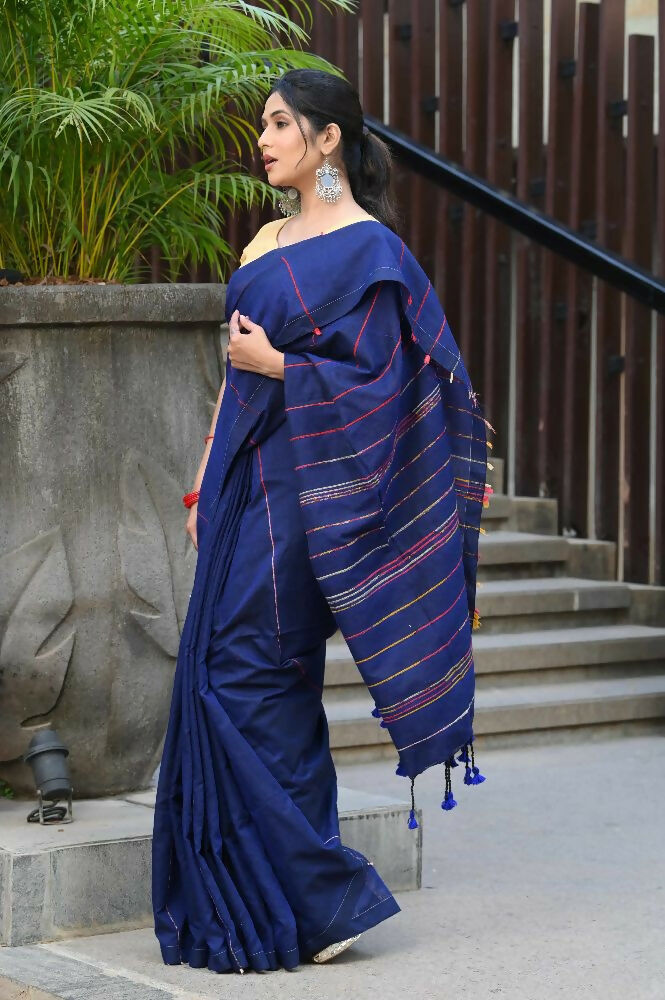 Beatitude Blue Khadi Ghicha Stripes Saree