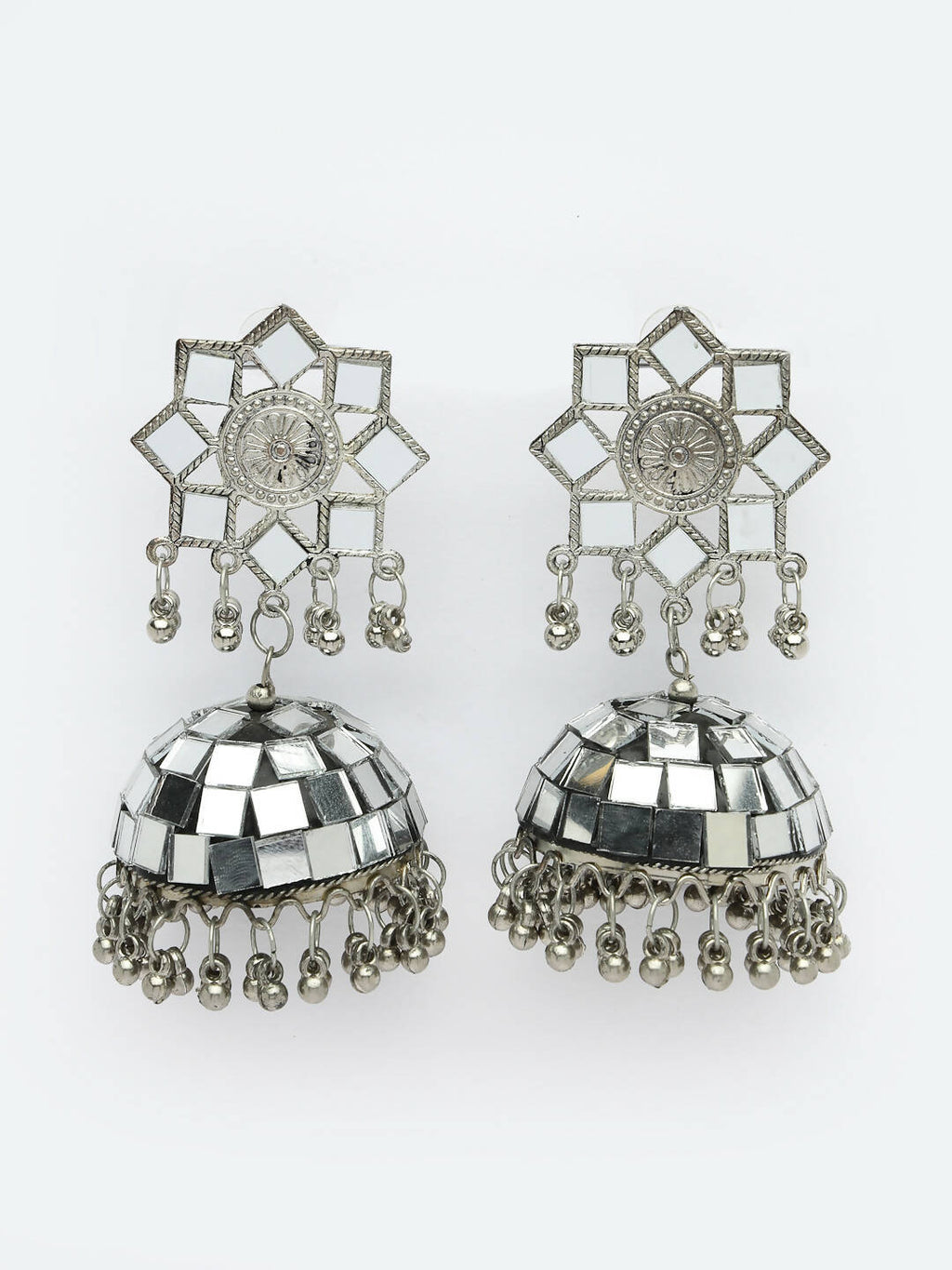 NVR Women Silver Mirror Oxidised Brass-Plated Jhumka Earrings - Distacart