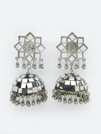 NVR Women Silver Mirror Oxidised Brass-Plated Jhumka Earrings - Distacart