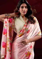 Vastranavya Peach Satin Silk Floral Printed with Pearl Lace Saree with Unstitched Blouse - Distacart