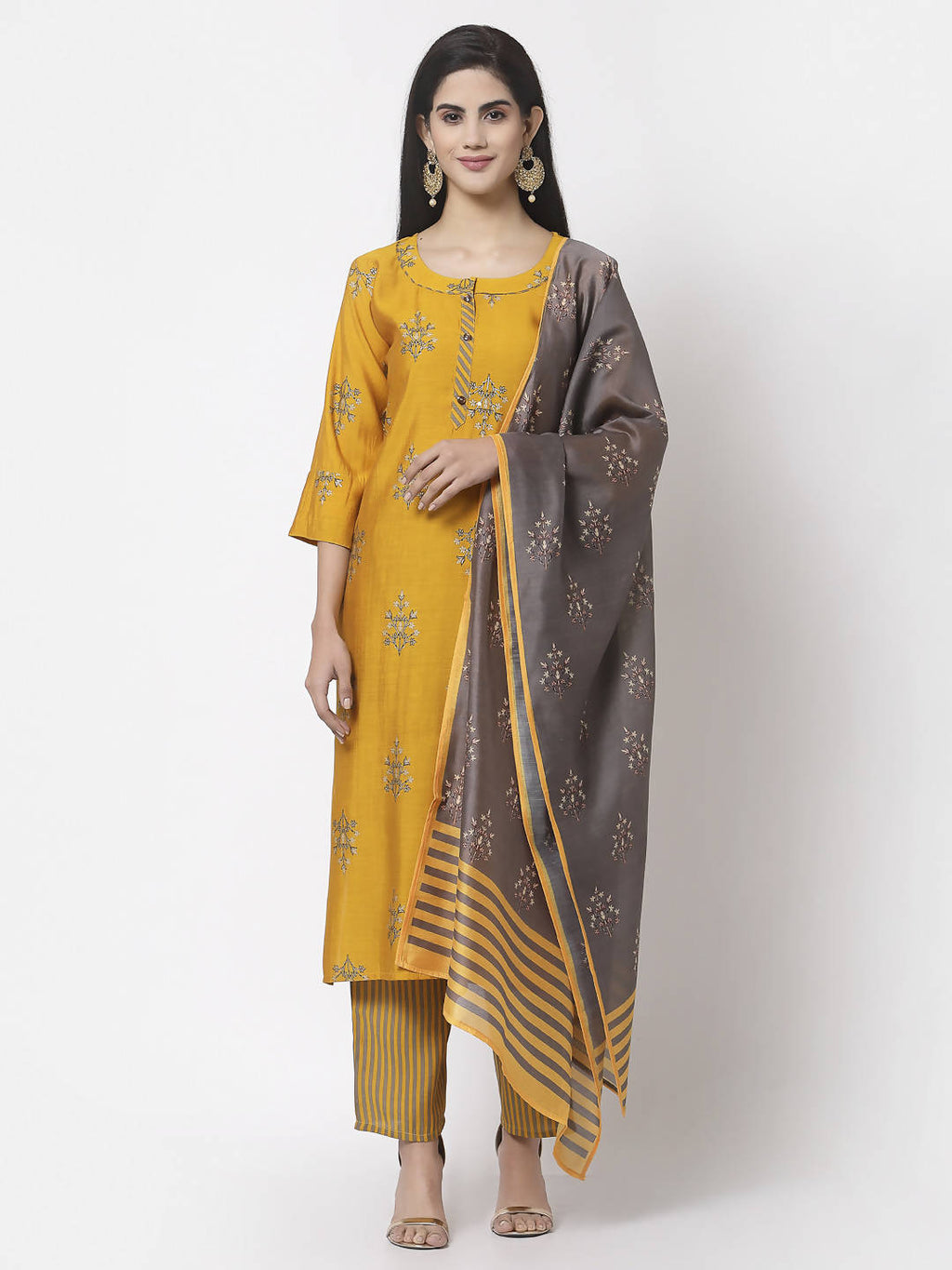 Myshka Mustard Viscose Printed 3/4 Sleeve Round Neck Kurta Pant Dupatta Set