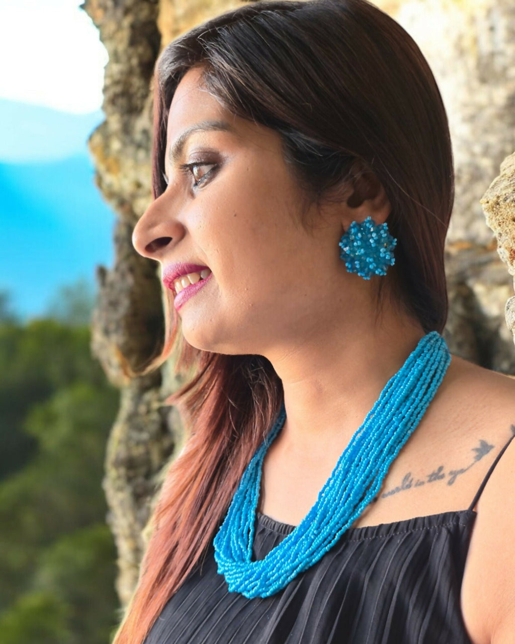 Inhanns Vibrant Handmade 20 Layers Beaded Necklace With Matching Earrings - Sky Blue