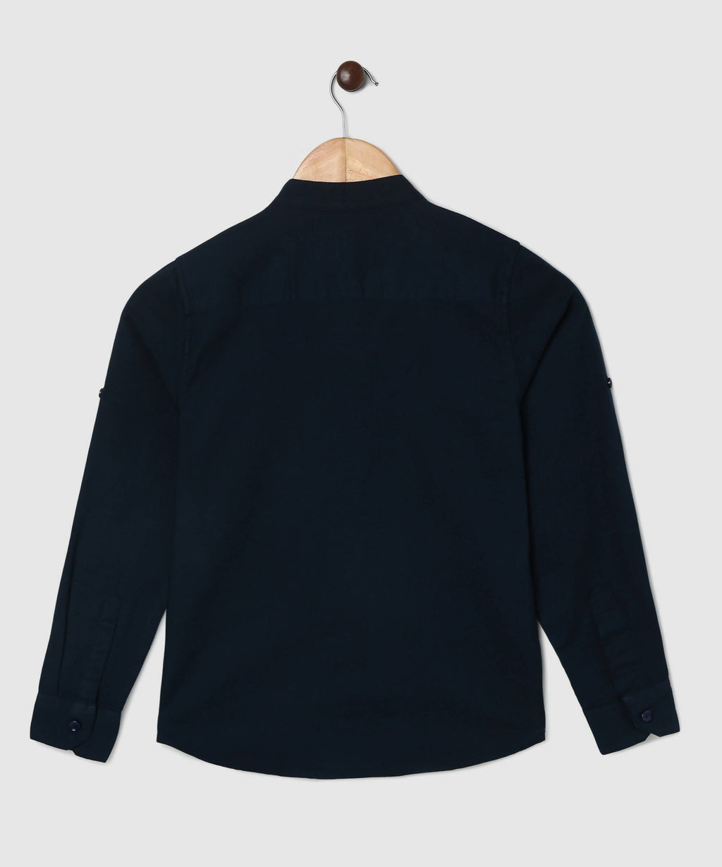 Manet Boys Mandarin Collar Full Sleeves Melange Shirt - Navy Blue