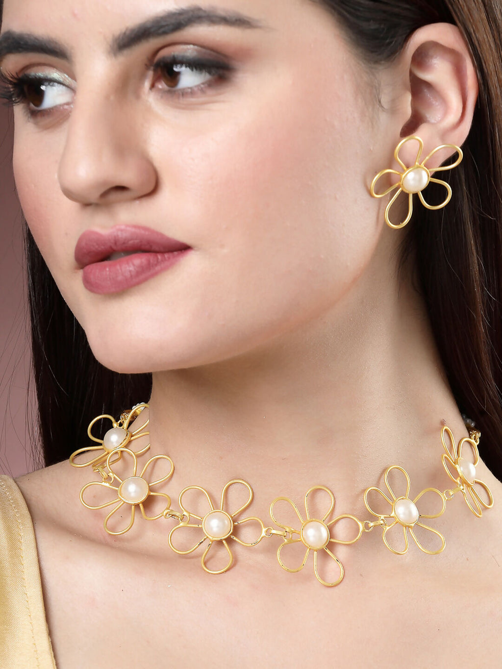 NVR Women's Gold Floral Shape Beaded Handcrafted Jewellery Set