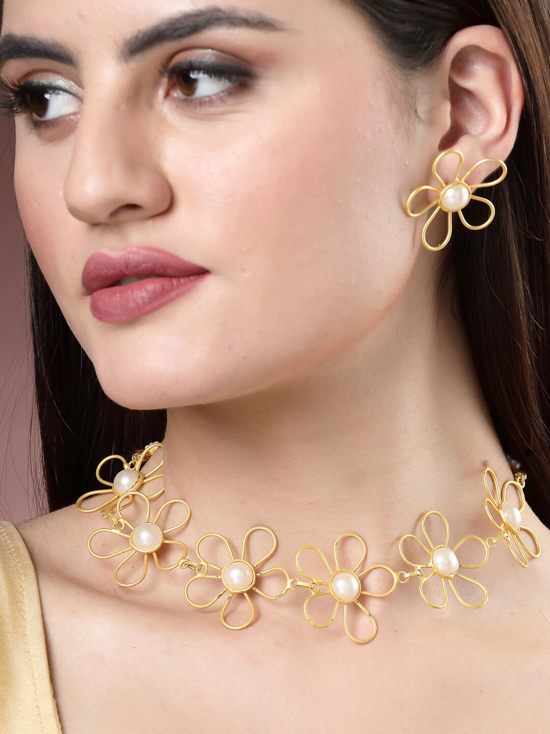 NVR Women's Gold Floral Shape Beaded Handcrafted Jewellery Set