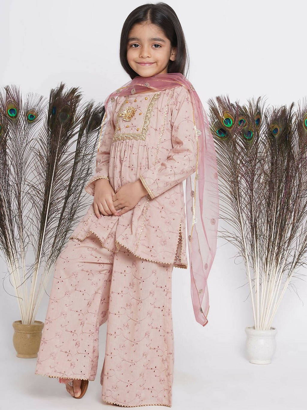 Little Bansi Floral Shiffli Kurta With Plazzo And Dupatta - Brown
