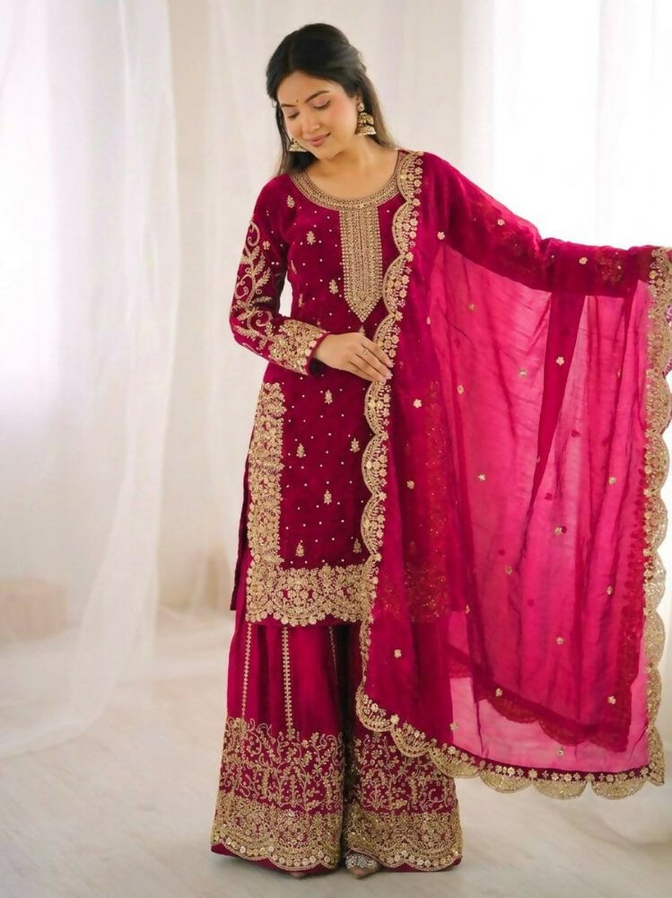 Teeya Creation Rani Color Fendy Silk Embroidery Work Wedding Wear Salwar Suit - Distacart