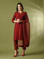 Myshka Women's Maroon Embroidered Cotton Straight Party Kurta Set With Dupatta