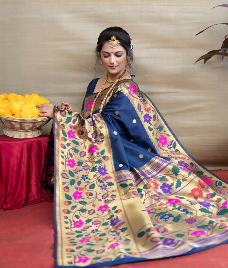 Jyoti Fashion Women's Navy Blue Paithani Silk Zari Woven Saree with Blouse