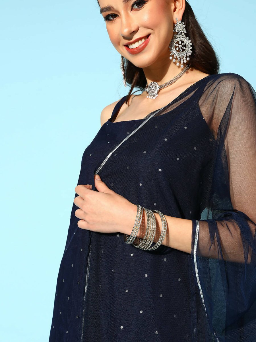 Ahalyaa Women Navy Blue Colour Crepe Foil Printed Kurta Sharara Set With Dupatta - Distacart